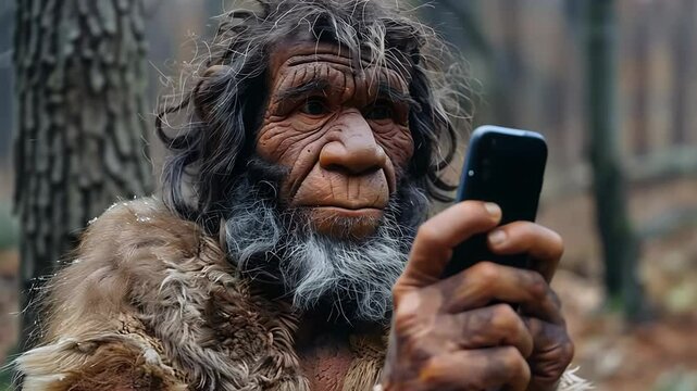 A Neanderthal stands in the woods, curiously examining a modern smartphone. This encounter juxtaposes ancient history with contemporary technology, highlighting an intriguing cultural clash.