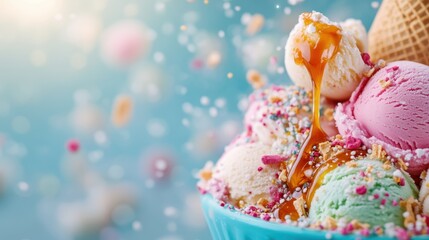 A delightful bowl of assorted ice cream scoops, adorned with vibrant sprinkles and caramel sauce, showcasing a perfect summer treat in a whimsical display of sweetness.