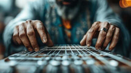 An intimate close-up shot captures a musician’s skilled hands moving over the strings of a traditional instrument, highlighting artistry and dedication to craft.