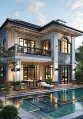 Fototapeta premium Luxury Modern Mansion with Exquisite Outdoor Pool