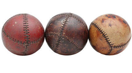 Three vintage leather sports balls in various colors.