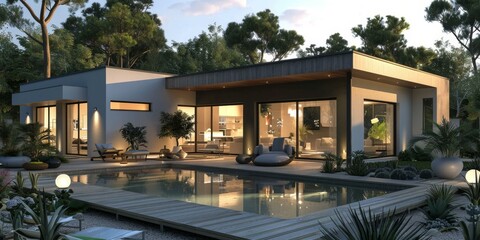 Fototapeta premium Modern Villa by the Pool at Sunset