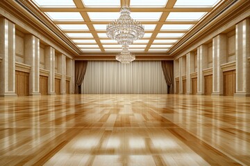 Elegant Ballroom Interior with Chandelier and Wooden Floor.