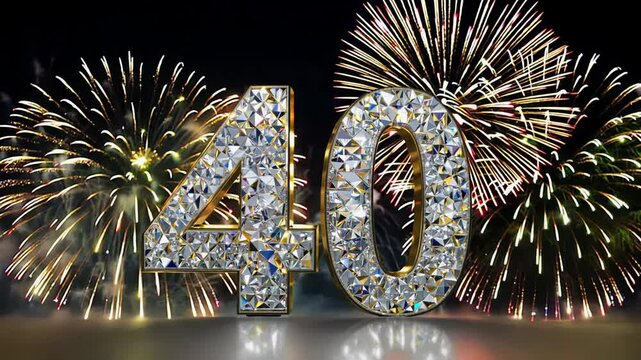 Dazzling crystal diamond number fourty 40 shines brightly against a contrasting dark backdrop. Fireworks in the background. For congratulations and anniversaries
