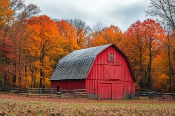 A classic red barn stands in a field surrounded by vibrant autumn foliage.