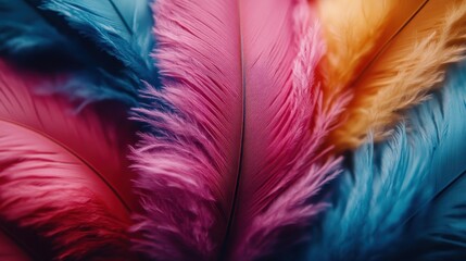 Obraz premium An array of vibrant, colorful feathers fanned out in delicate detail, showcasing their vibrant hues and beautifully intricate textures in harmony.