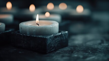 An array of candles offers a harmonious warmth and flickering glow in a dark setting, crafting an ambient atmosphere of peace, contemplation, and solitude.