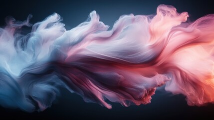 Dynamic, swirling clouds of pink and blue intertwine beautifully, creating an abstract image that captures movement and fluidity in a harmonious dance of colors.