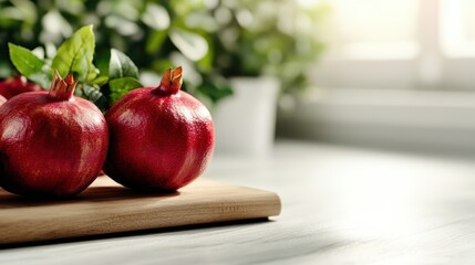 Two ripe pomegranates resting on a wooden cutting board with a leafy background, illuminated by soft natural light, enhancing their vibrant red color and texture.