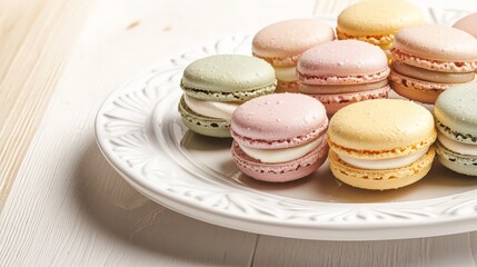 Obraz premium A close-up of colorful macarons with creamy filling on a white plate.
