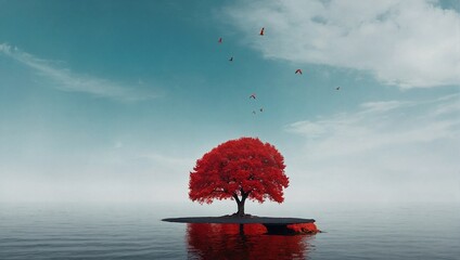Lonely red tree in a middle of nowhere. Abstract surreal landscape concept. Nature and introspection idea. Copy space.