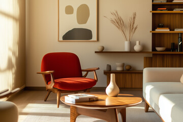 Stylish living room interior with sofa and coffee table, panoramic window