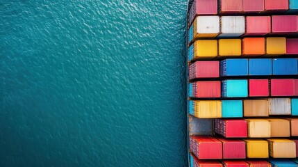 Vibrant cargo containers in an array of colors stacked alongside the deep blue ocean, showcasing international trade and commerce from a high aerial perspective.