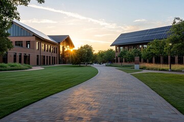 Brick Path Between Modern Buildings at Sunset.