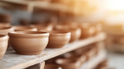 This image shows clay pots neatly arranged on wooden shelves, drying in warm sunlight, showcasing the traditional process of pottery making in a classic studio setup.