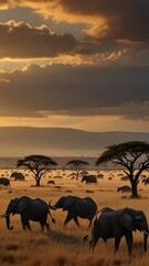 Obraz premium Wide-Angle Panorama of the Migration.at dawn or evening, golden hour, stampede and dust flying all around,*:that capture the dramatic and majestic aspects of the wildebeest migration Digital Artwork 