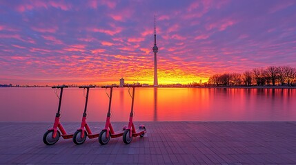 Fototapeta premium Electric Scooters at Sunset with City Skyline and Tower.