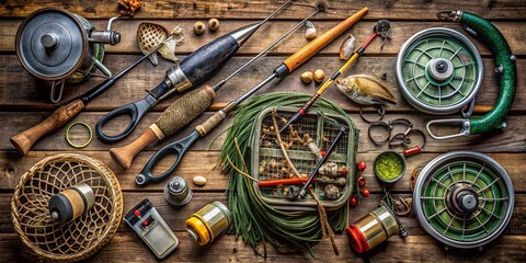 Fototapeta premium Various Fishing Gear and Equipment Arranged Neatly on a Wooden Surface for Outdoor Enthusiasts