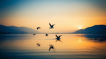 Obraz premium A flock of seagulls flying in formation over a calm lake at sunrise, with mountains in the background.