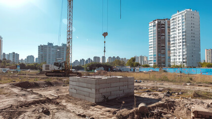 Fototapeta premium Crane Lifting a Large Concrete Block at a Construction Site in Urban Area on a Sunny Day. Concept of Building Development, Urbanization, Heavy Machinery