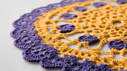 Obraz premium A delicate, yellow and purple crocheted lace doily rests on a white surface. The intricate design of the doily is highlighted by the white background.