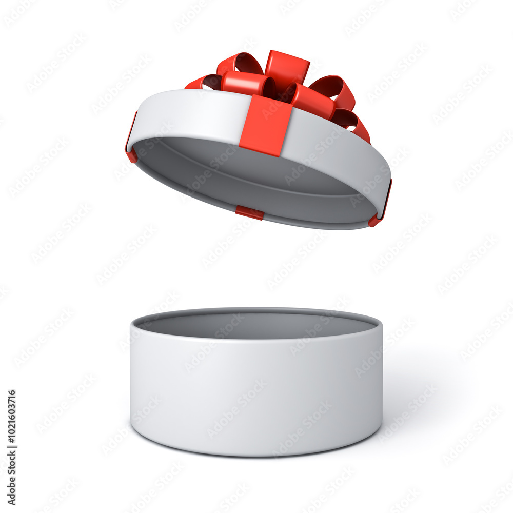 Poster Minimal white round present box open with red ribbon and bow or opening blank cylinder gift box product display mockup isolated over white background with shadow creative idea concepts 3D rendering
