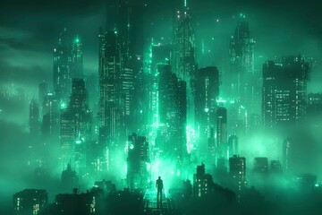 Obraz premium A lone figure standing on a rooftop overlooking a futuristic cityscape bathed in green light.