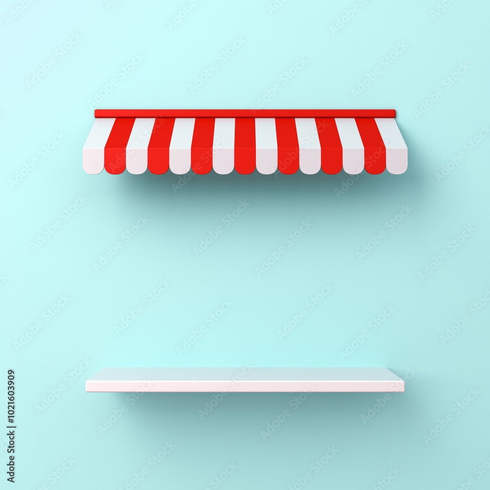 Poster Blank kiosk exhibition booth shop store product display shelf or mock up showcase wall with red white striped awning isolated on blue pastel color background minimal creative idea concept 3D rendering