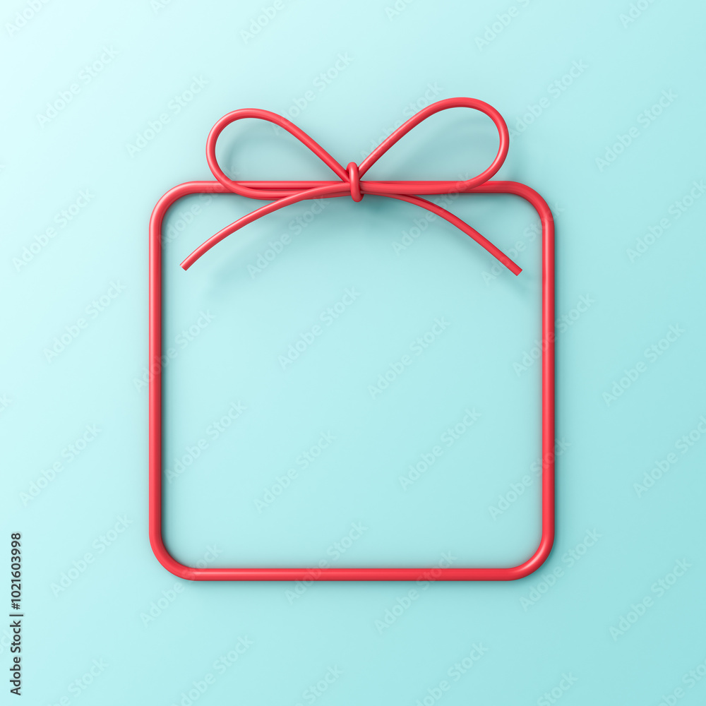 Poster Blank cute red rounded square gift box frame sign template or empty red present frame wire with red gift rope bow isolated on light blue cyan background with shadow minimal concept 3D rendering