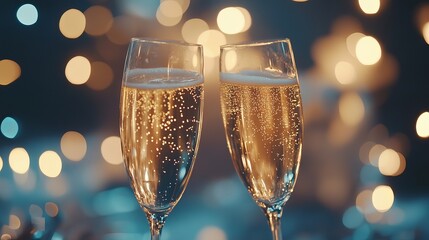 Cheers to the New Year and a Champagne toast celebration with defocused bokeh lights and golden glitter on a blue abstract background.