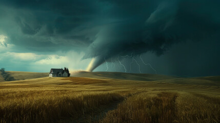 Majestic Tornado Over Open Field with Lightning Strikes and a Lonely House in the Distance. Concept of Natural Disasters, Extreme Weather, and Atmospheric Phenomena