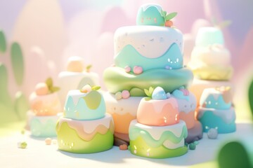 Stack of Cute Cartoon Cakes with Whimsical Decorations
