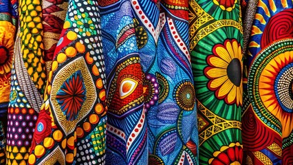Fototapeta premium Vibrant African Cloth Prints Showcasing Traditional Patterns and Colors for Textile and Fashion Design