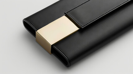 Sleek black glossy women's clutch with a gold buckle. Concept of elegance, modern fashion accessory, sophisticated style