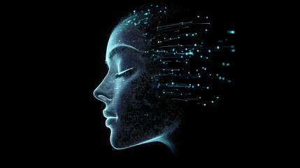 Obraz premium A futuristic Robot AI face with holographic overlays display, smoke, art, water, splash, face, black, design, fire, drop, woman, watercolor, liquid, motion, illustration, color, flower, technology, ma