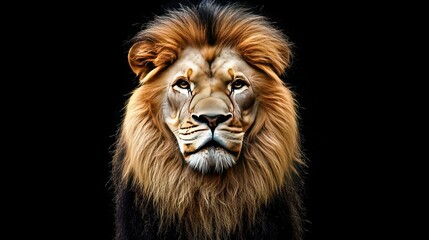 Obraz premium A close-up of a lion's face on a black background with a clear image of the lion's head