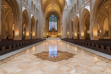 Obraz premium Cathedral Interior With Marble Floor And Stained Glass Window.