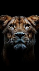 Fototapeta premium A close-up of a lion's face on a black background with only the eyes and nose visible is an effective image that captures the majestic beauty of the animal