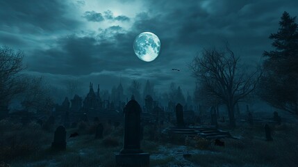This 3D illustration depicts a spooky cemetery at night with bats and a moon in a cloudy sky.
