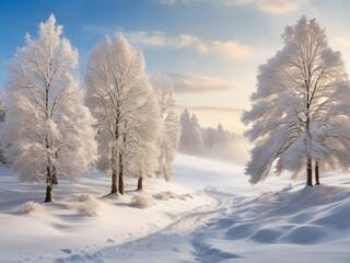 Obraz premium Snow-covered trees in a winter scene, showcasing the peaceful and picturesque beauty of the snowy landscape.