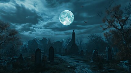 This 3D illustration depicts a spooky cemetery at night with bats and a moon in a cloudy sky.
