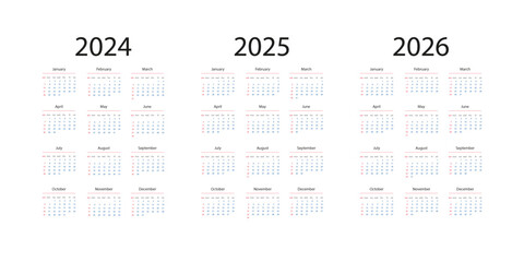 Calendar 2024, 2025, 2026 years. Week starts Sunday. Simple layout desk planner template with 12 months. Yearly diary in English. Pocket or wall formats. Fully Editable. Vector illustration