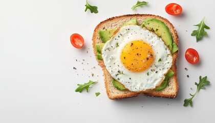 Healthy Toast with Avocado, Fried Egg, and Fresh Vegetables on a White Background, Top View