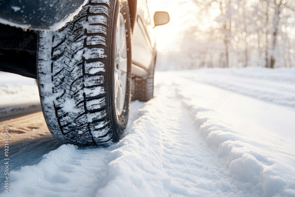 Wall mural Close-up of Winter Tire on Snowy Road, Car Driving in Winter Wonderland with Sunlight