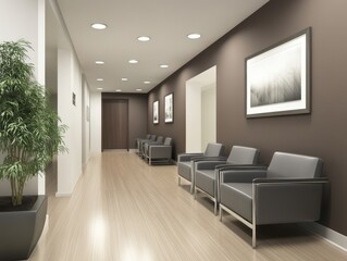 Fototapeta premium Chocolate brown accent walls paired with gray seating and light wood flooring in a minimalist waiting room for a cozy, sophisticated vibe
