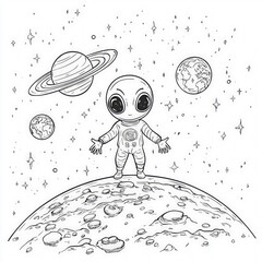 A space alien visiting Earth, coloring page for kids, simple outline illustration. Coloring book, simple lines.