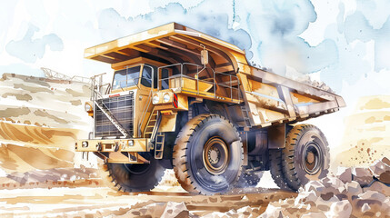 Watercolor Illustration of a Dump Truck Unloading in a Construction Site. Concept of Heavy Machinery, Industrial Work, Landscapes
