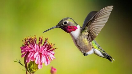 Fototapeta premium A hummingbird with a red throat hovers in mid-air, its wings beating rapidly as it sips nectar from a pink flower.