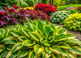 Fototapeta premium Vibrant Blooming Hostas in a Lush Garden Setting Showcasing Their Beautiful Leaves and Flowers in Full Spring Splendor