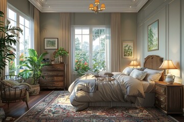 Vintage Bedroom Interior Design Illustration